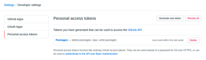 Personal token creation detail on GitHub.