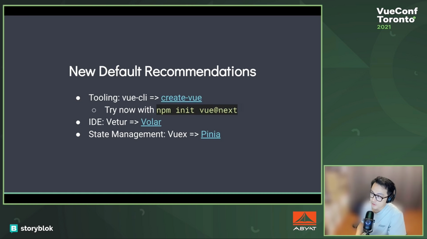 Captura de la charla con las nuevas recomendaciones para Vue3. Fuente: YouTube